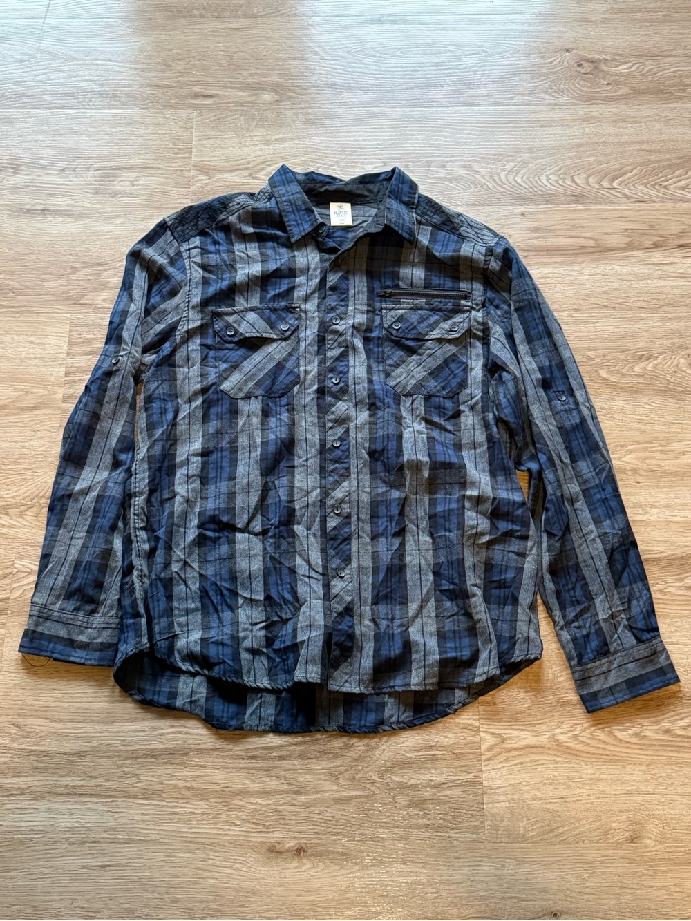 Men's Navy and Gray Plaid Long-Sleeve Button-Down Shirt